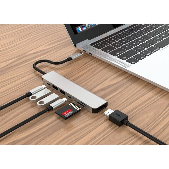 Propojovací USB-C hub, 2×USB 3.0,2×USB-C,SD,microSD,HDMI, hliník