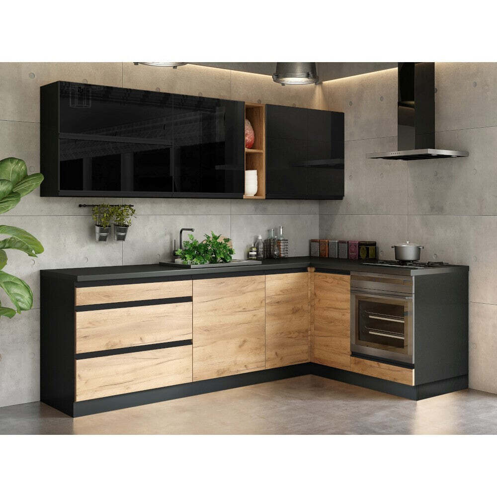 Rohová kuchyně Brick pravý/levý roh 240x160 cm (černá/dub craft)