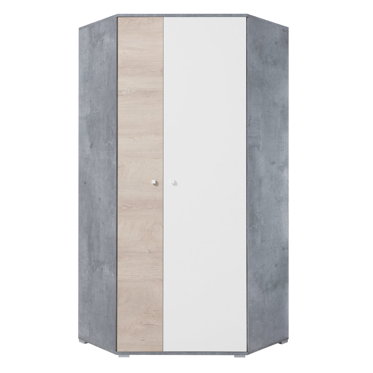 Rohová šatní skříň Amasi (beton, bílá, dub)