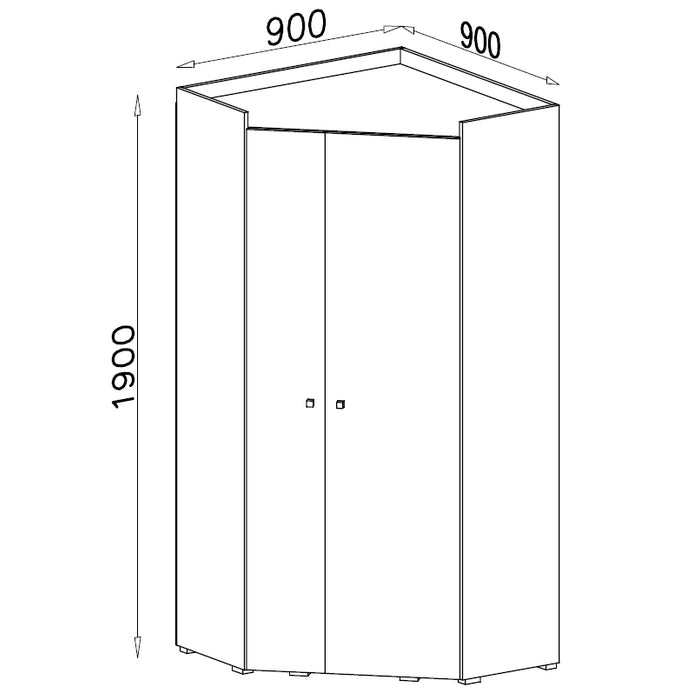 Rohová šatní skříň Moco - 90x190x90 cm (bílá, dub wilton, šedá)