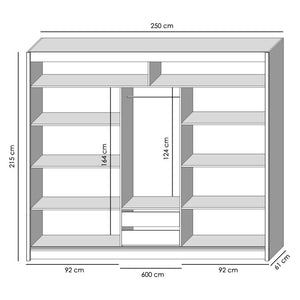 Šatní skříň Ragla - 250x215x61 cm (bílá, dub artisan)
