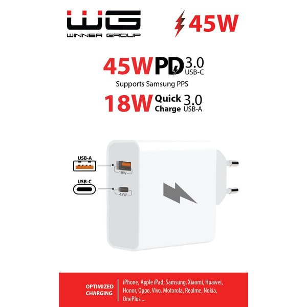 Levně Síťová nabíječka WG 2xUSB, USB-C PD 45W + USB QC3,0 18W, bílá