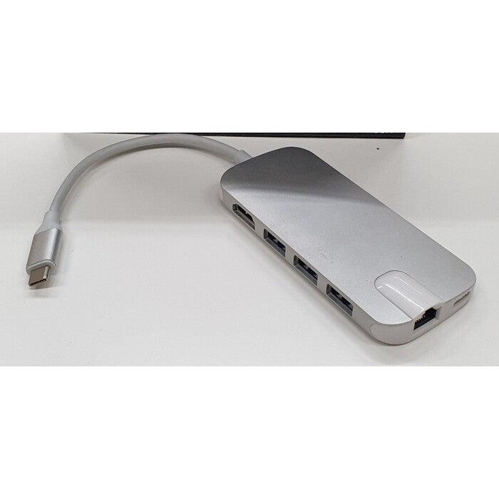 Hub Olpran BL-30H, USB-C / 3x USB, RJ45, HDMI, stříbrná